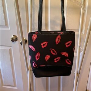 Stylish Black and Pink Lip Print Tote Bag